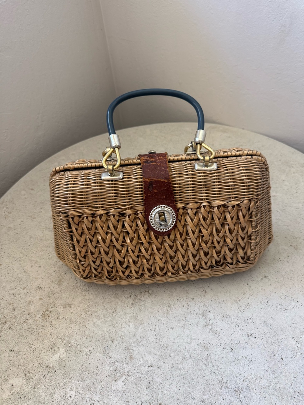 Woven Rattan Top-Handle Bag in Natural Brown